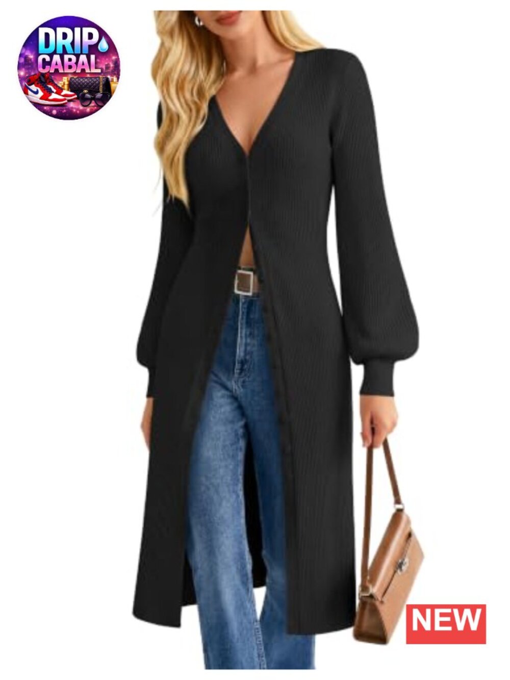 Long Duster Cardigan Sweater Coat Lantern Sleeve Chunky Knit V-Neck